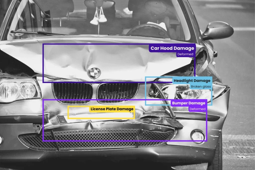 Front of damaged car showing bumper, hood, and headlight damage for car damage estimate assessment in Maryland